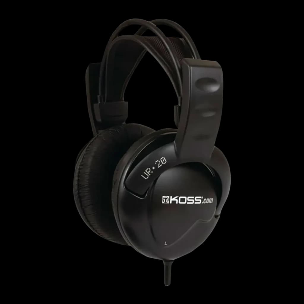 Casque Koss UR20 Arceau Câble Jack 3,5 mm Noir, vue de face: arceau rembourré, coussinets et logo Koss sur l'écouteur gauche