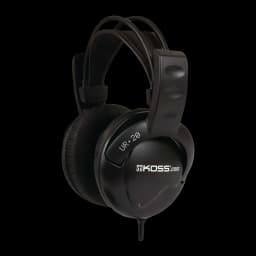 Casque Koss UR20 Arceau Câble Jack 3,5 mm Noir, vue de face: arceau rembourré, coussinets et logo Koss sur l'écouteur gauche