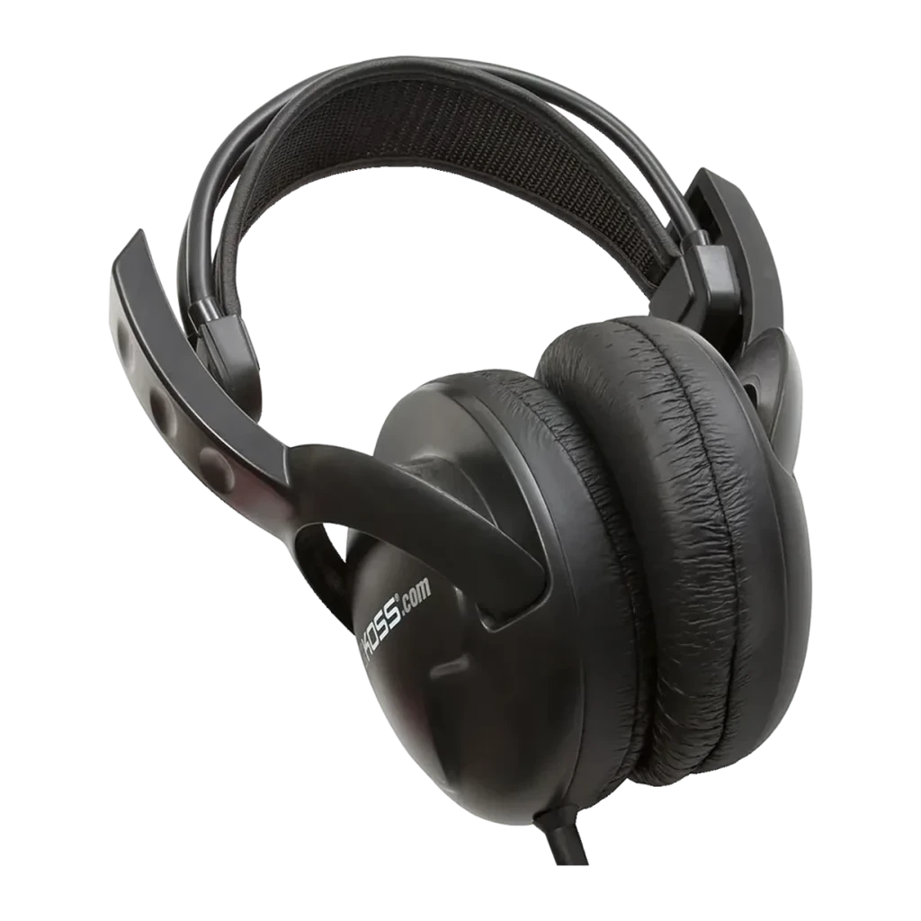 Casque Koss UR20 Arceau Câble Jack 3,5 mm Noir, détail: coussin en cuir et logo Koss sur la coque latérale