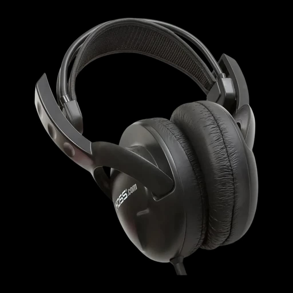 Casque Koss UR20 Arceau Câble Jack 3,5 mm Noir, détail: coussin en cuir et logo Koss sur la coque latérale
