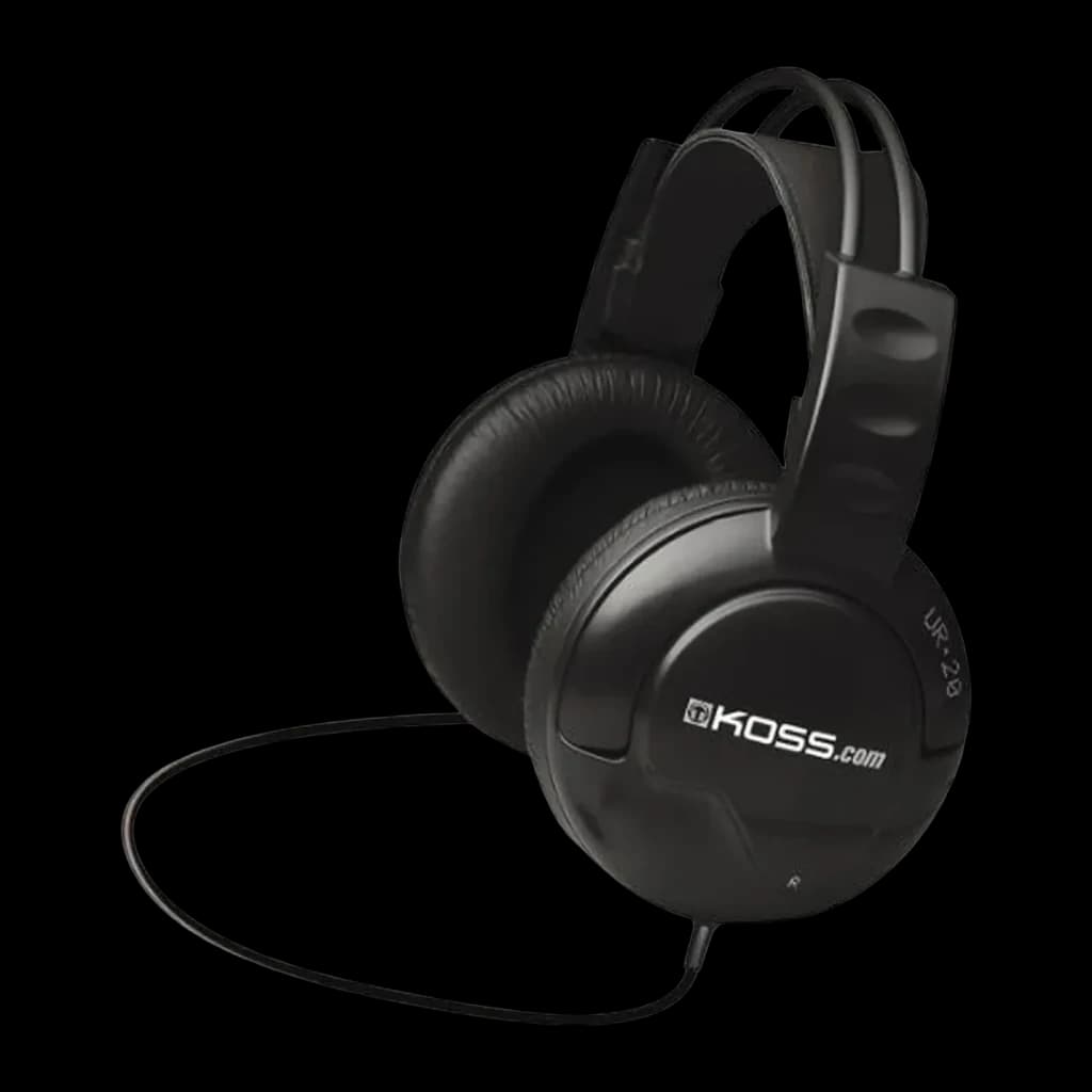 Casque Koss UR20 Arceau Câble Jack 3,5 mm Noir, détail: logo Koss.com et référence UR20 sur la coque de l'écouteur droit