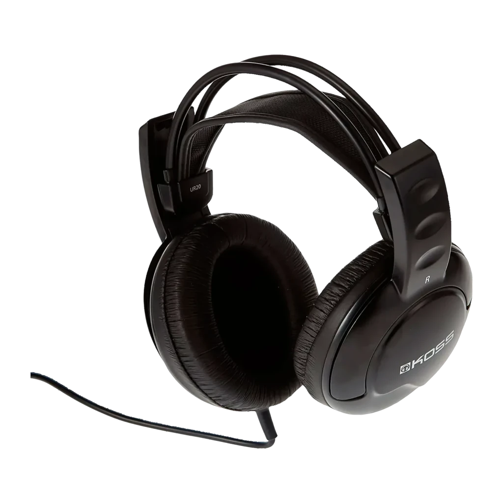 Casque Koss UR20 Arceau Câble Jack 3,5 mm Noir, détail: vue latérale avec logo Koss, coussinets et câble