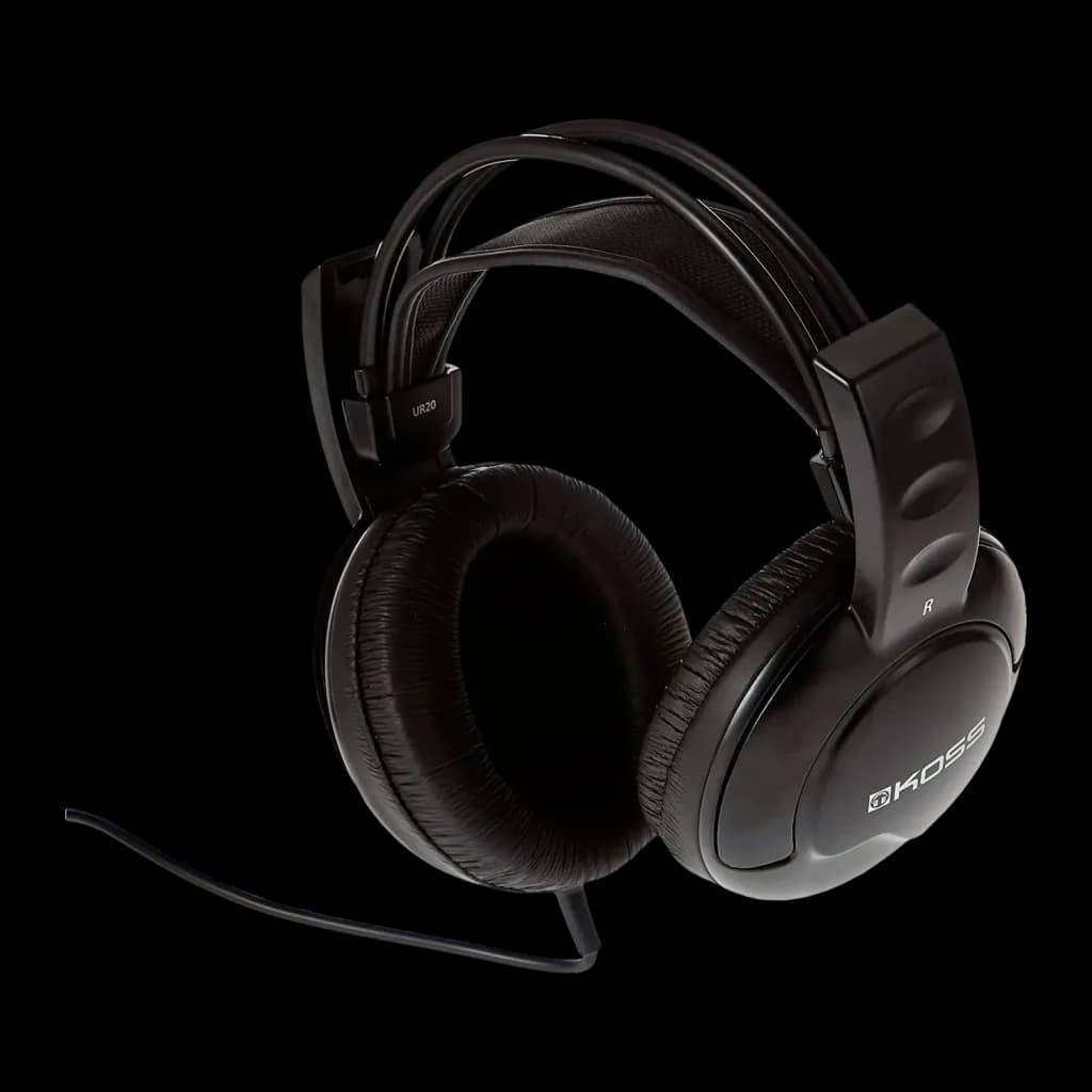 Casque Koss UR20 Arceau Câble Jack 3,5 mm Noir, détail: vue latérale avec logo Koss, coussinets et câble