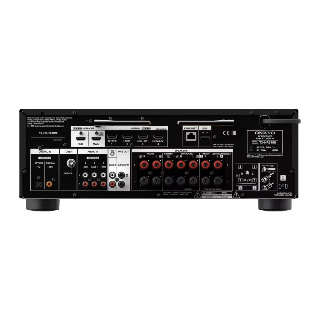 Receptor AV Onkyo TX-NR5100 preto com display DTS:X, grande botão de volume, múltiplos botões frontais e porta fones; design robusto em alumínio escovado - Item4