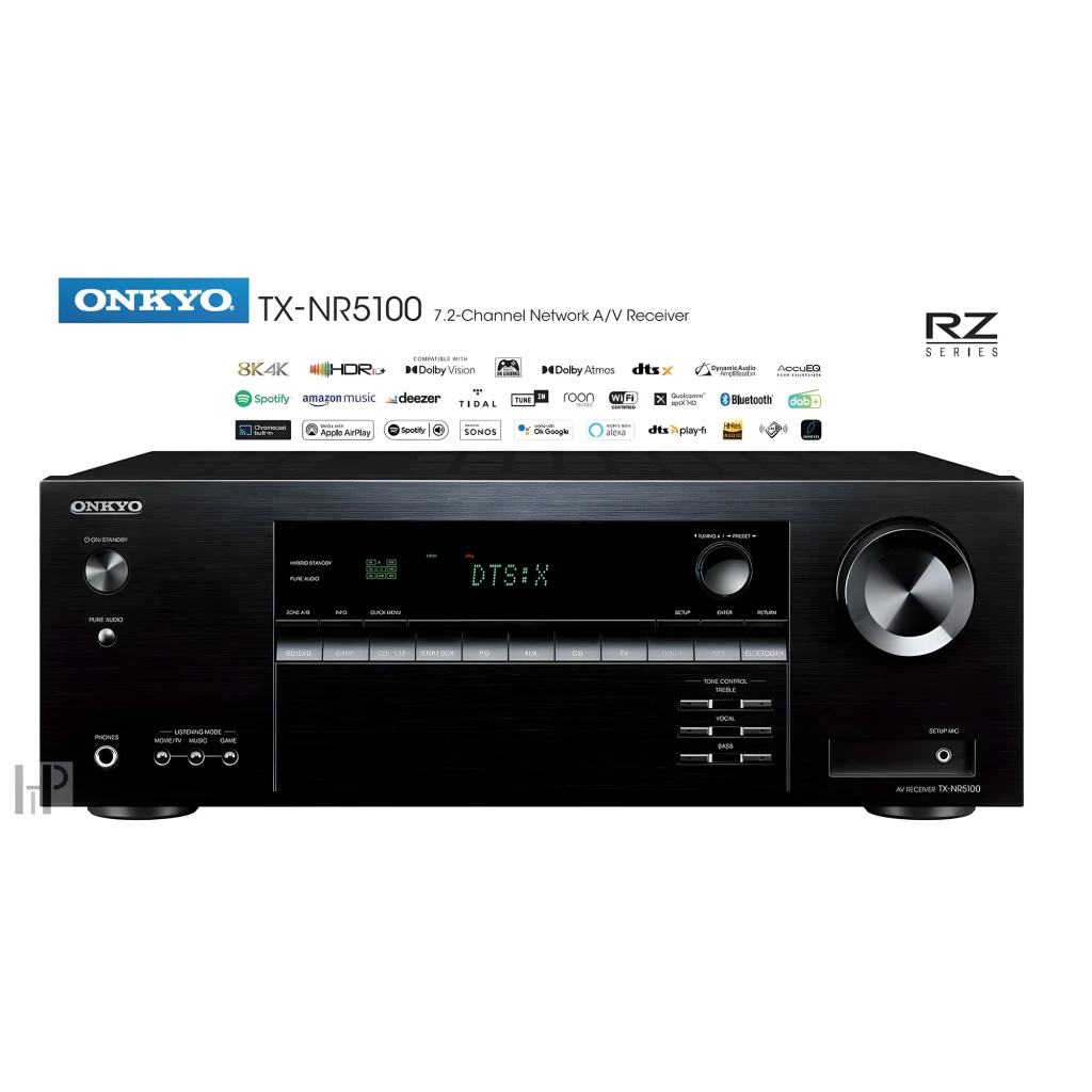 Receptor AV Onkyo TX-NR5100 preto com display DTS:X, grande botão de volume, múltiplos botões frontais e porta fones; design robusto em alumínio escovado - Item1