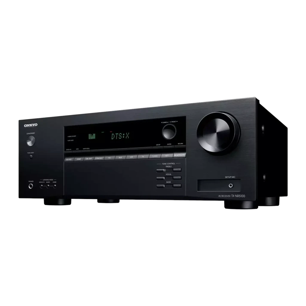Receptor AV Onkyo TX-NR5100 preto com display DTS:X, grande botão de volume, múltiplos botões frontais e porta fones; design robusto em alumínio escovado - Item2