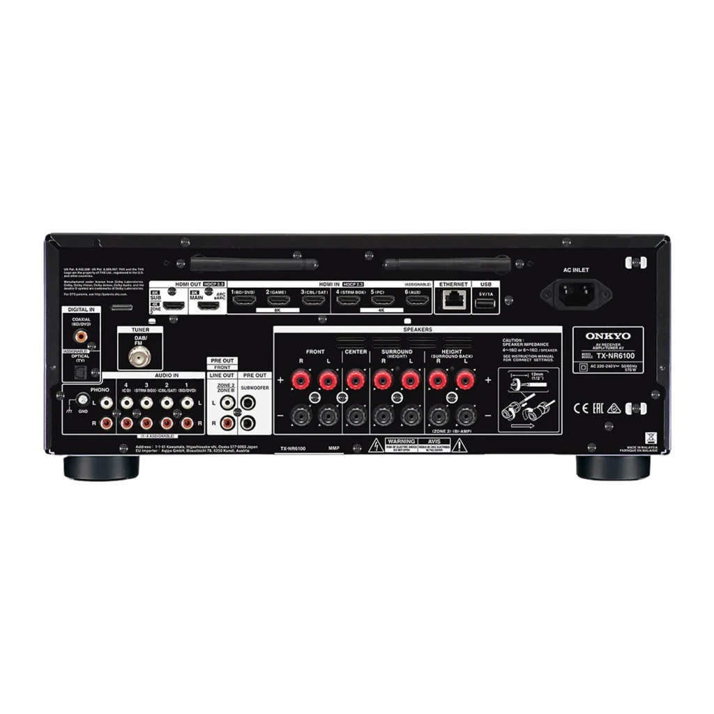 Receptor AV Onkyo TX-NR6100 preto com display digital verde, grande botão de volume à direita, botões frontais alinhados e portas USB e fones na frente - Item3