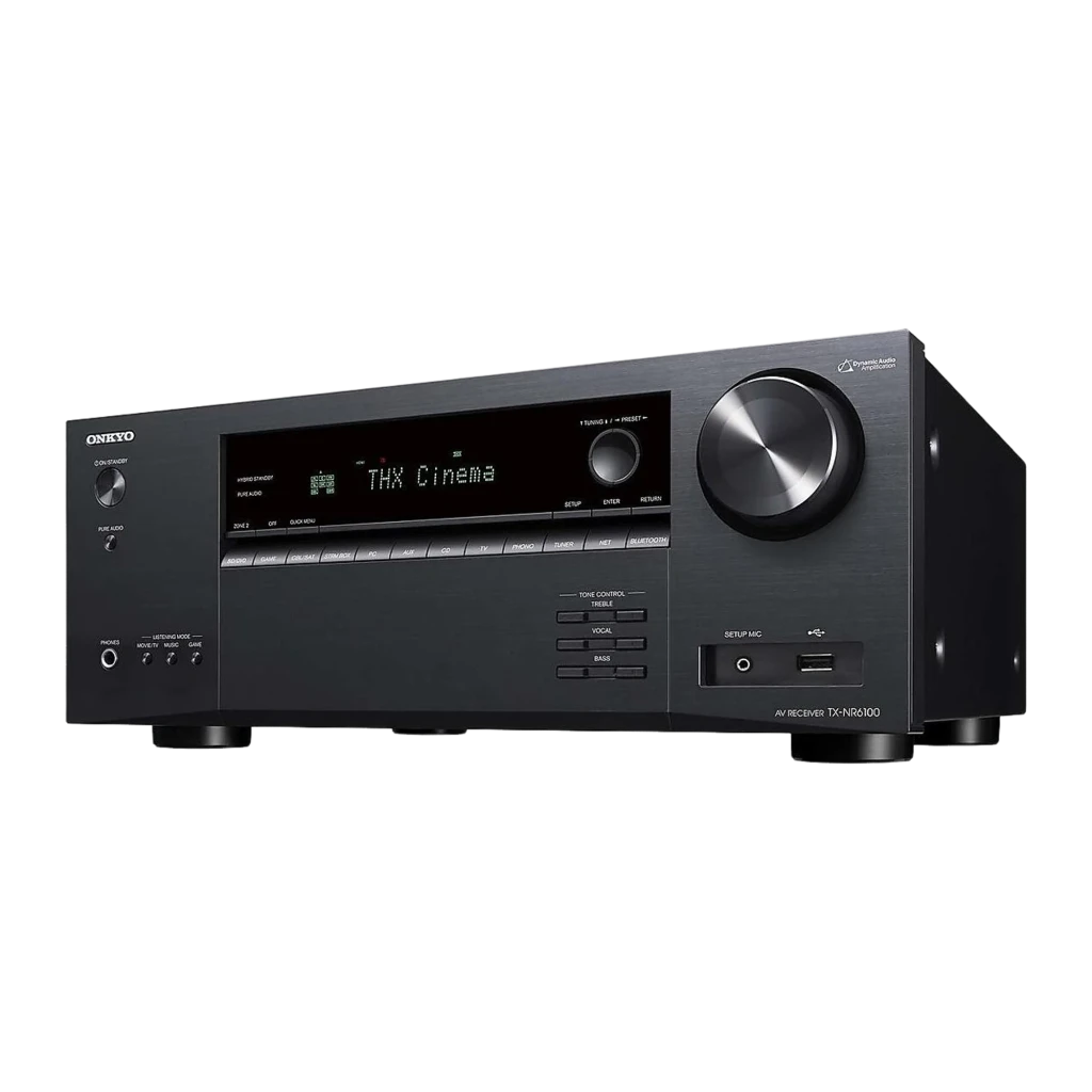 Receptor AV Onkyo TX-NR6100 preto com display digital verde, grande botão de volume à direita, botões frontais alinhados e portas USB e fones na frente - Item1
