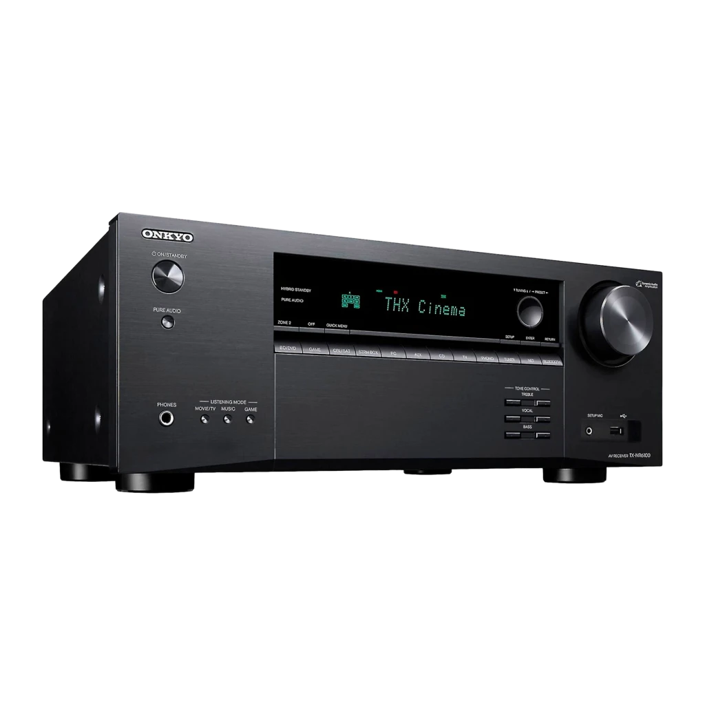 Receptor AV Onkyo TX-NR6100 preto com display digital verde, grande botão de volume à direita, botões frontais alinhados e portas USB e fones na frente - Item2