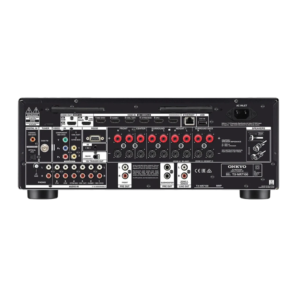 Receptor AV Onkyo TX-NR7100 em preto com display verde THX Cinema, grande botão de volume à direita, múltiplos botões frontais e porta USB frontal - Item2