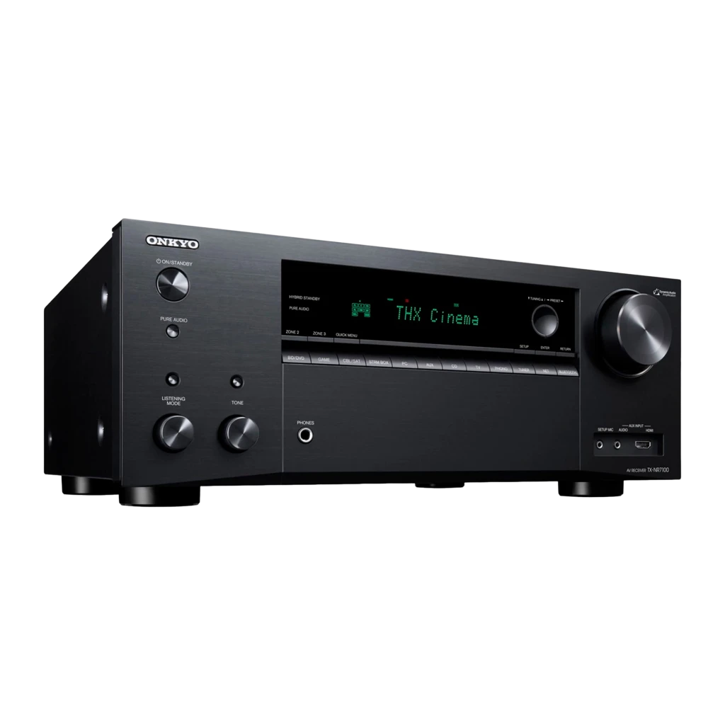 Receptor AV Onkyo TX-NR7100 em preto com display verde THX Cinema, grande botão de volume à direita, múltiplos botões frontais e porta USB frontal - Item1