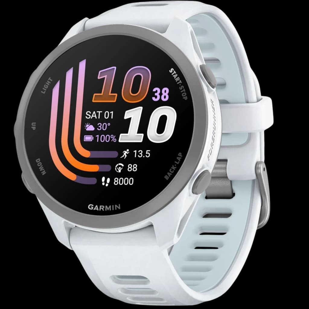 Garmin Forerunner 170 branco com caixa redonda cinza, ecrã AMOLED 1,2 pol colorido, correia perfurada, botões laterais e mostrador com métricas de treino