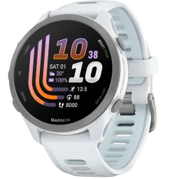 Garmin Forerunner 170 branco com caixa redonda cinza, ecrã AMOLED 1,2 pol colorido, correia perfurada, botões laterais e mostrador com métricas de treino
