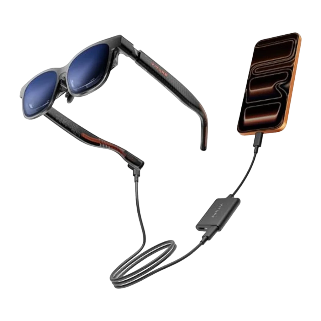 Viture Luma XR Glasses Gafas Realidad Aumentada con marco negro, lentes espejadas azules y varillas de fibra de carbono con detalles naranjas y logo VITURE - Ítem3