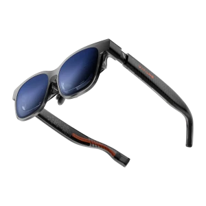Viture Luma XR Glasses Gafas Realidad Aumentada con marco negro, lentes espejadas azules y varillas de fibra de carbono con detalles naranjas y logo VITURE