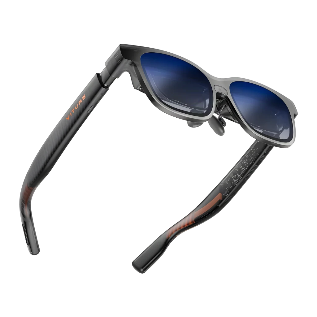 Viture Luma XR Glasses Gafas Realidad Aumentada con marco negro, lentes espejadas azules y varillas de fibra de carbono con detalles naranjas y logo VITURE - Ítem2