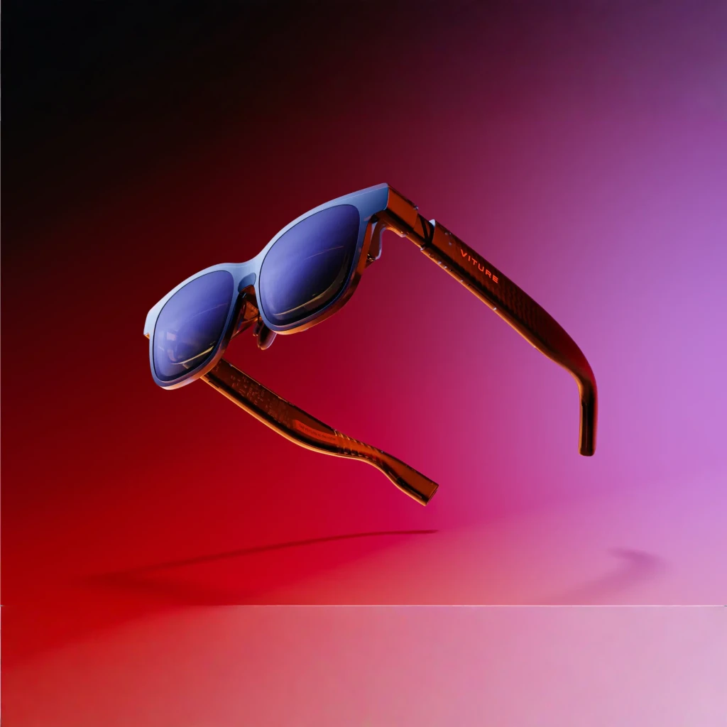 Viture Luma XR Glasses Gafas Realidad Aumentada con marco negro, lentes espejadas azules y varillas de fibra de carbono con detalles naranjas y logo VITURE - Ítem5