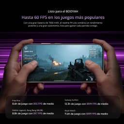 Realme P4 Lite 4G 128 GB Cinza 4 GB 90Hz exibindo jogo FPS em tela ampla 90Hz, bordas finas e som estéreo; destaque para desempenho fluido e bateria grande