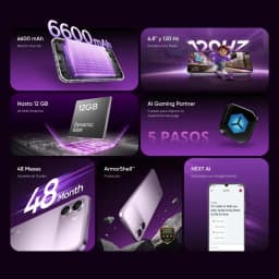 Realme P4 Lite 4G cinza com tela 6,8 pol 120Hz, bateria 6600 mAh, câmera dupla, até 12 GB RAM dinâmica, ArmorShell, 48 meses de garantia, AI Gaming Partner