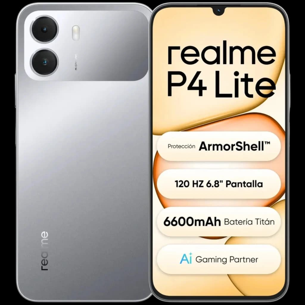 Realme P4 Lite 4G cinza com traseira bicolor metálica, módulo duplo de câmeras, tela ampla com notch em gota e branding realme destacado na frente