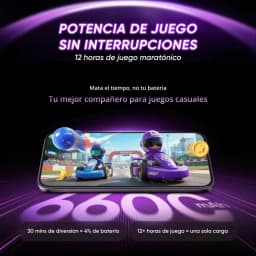 Realme P4 Lite 4G 128 GB Cinza 4 GB 90Hz com tela grande exibindo jogo de corrida; destaque para bateria 6600 mAh e até 12 horas de jogo contínuo