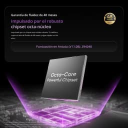 Chipset octa-core poderoso em destaque com base luminosa roxa, selo de 48 meses e pontuação Antutu 393448, design tecnológico do Realme P4 Lite 4G 128 GB