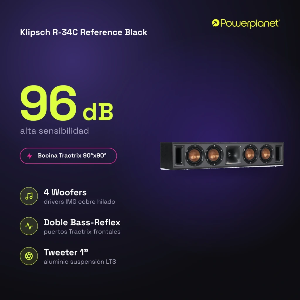 Klipsch R-34C Reference Negro, barra central con 4 woofers cobre y tweeter central, recinto negro texturizado y puertos Tractrix a los extremos - Ítem8