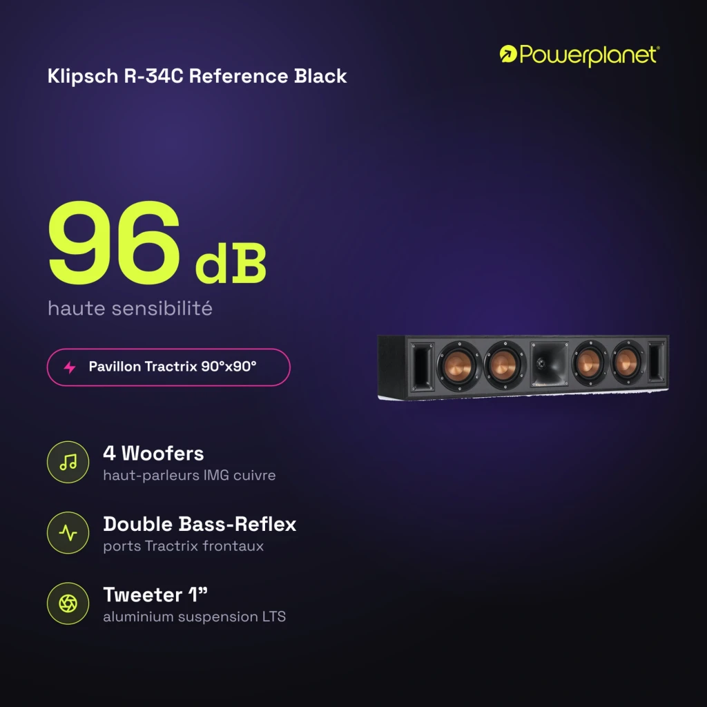 Klipsch R-34C Reference Negro, barra central con 4 woofers cobre y tweeter central, recinto negro texturizado y puertos Tractrix a los extremos - Ítem6