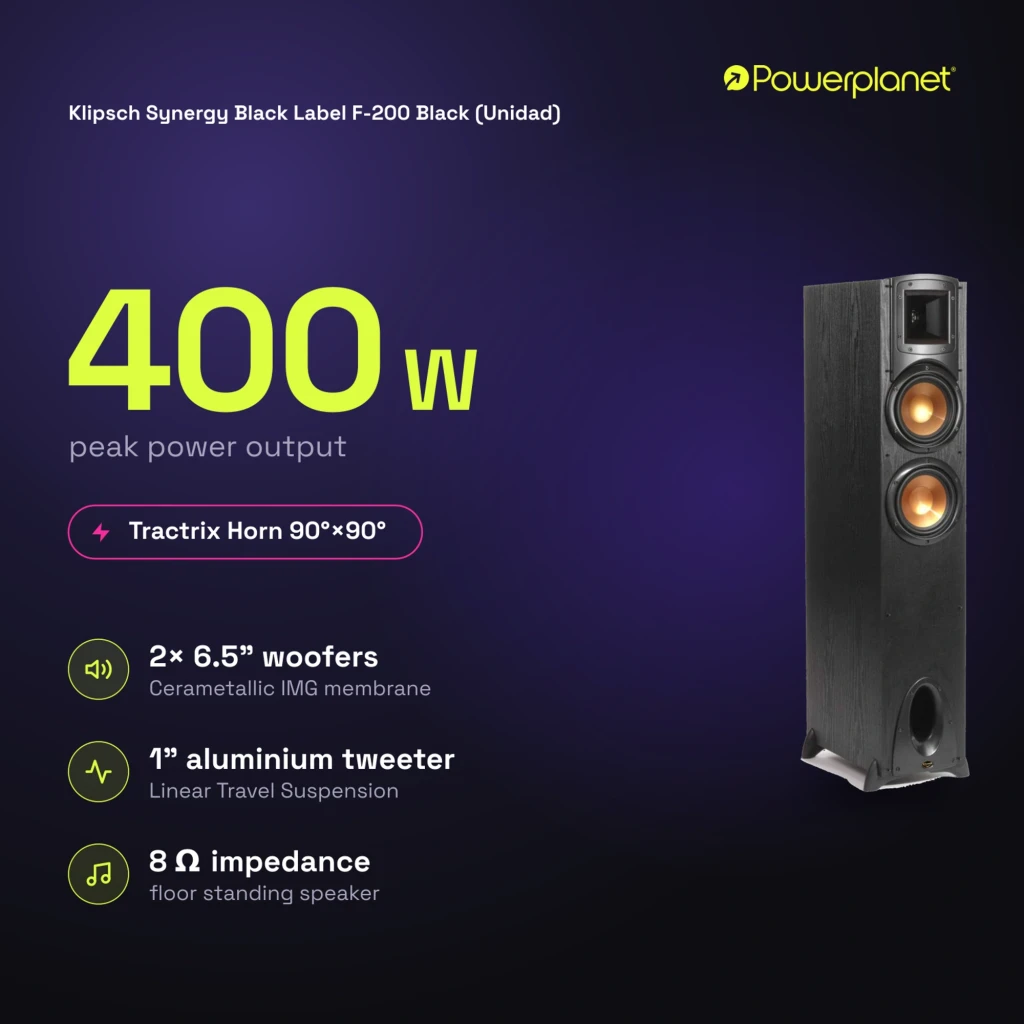 Klipsch Synergy Black Label F-200 altavoz de suelo negro, dos woofers cobre y tweeter con bocina, puerto bass reflex frontal, potencia 400 W - Ítem2