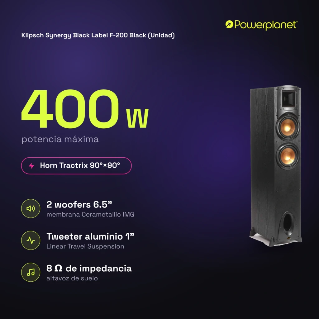 Klipsch Synergy Black Label F-200 altavoz de suelo negro, dos woofers cobre y tweeter con bocina, puerto bass reflex frontal, potencia 400 W - Ítem4