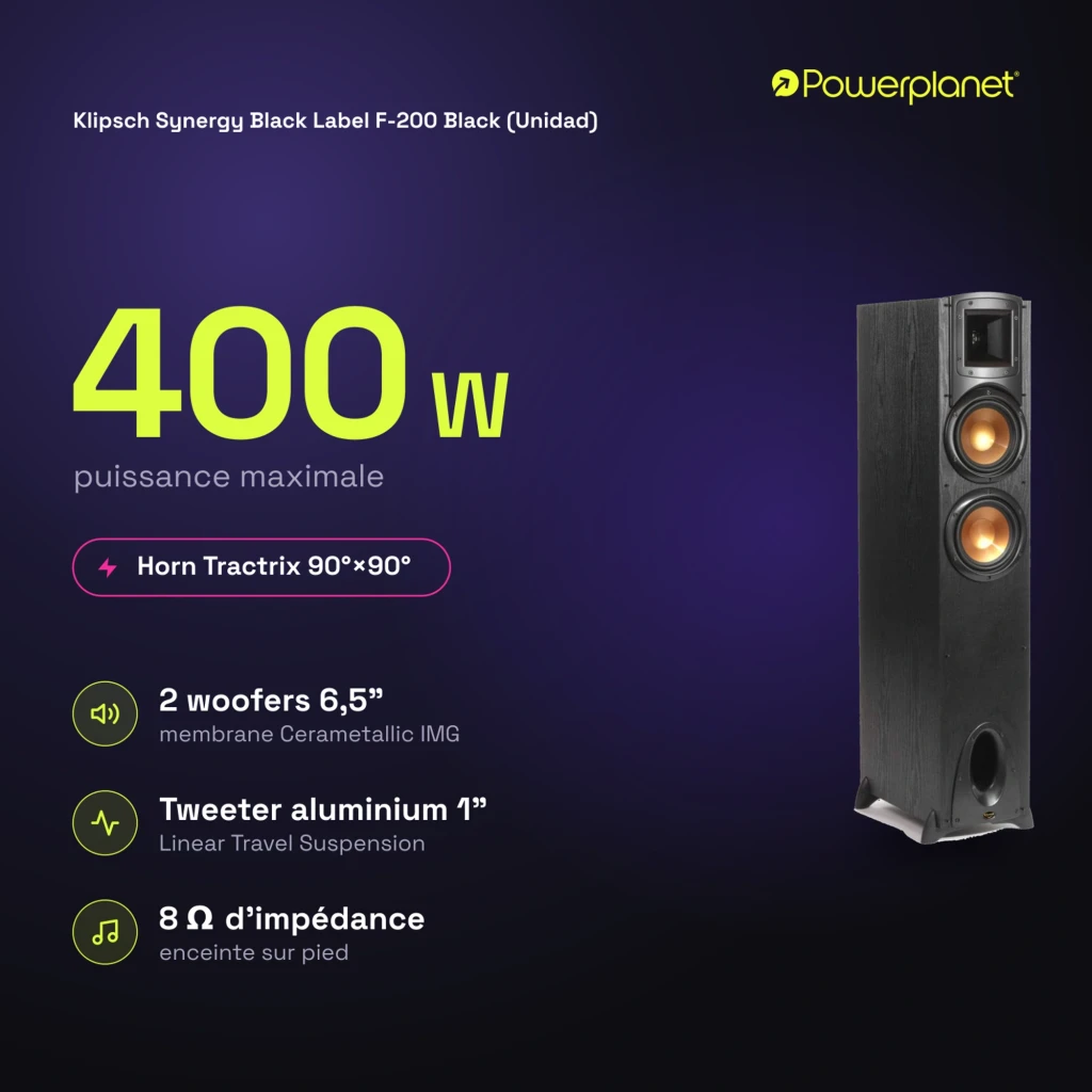 Klipsch Synergy Black Label F-200 altavoz de suelo negro, dos woofers cobre y tweeter con bocina, puerto bass reflex frontal, potencia 400 W - Ítem1
