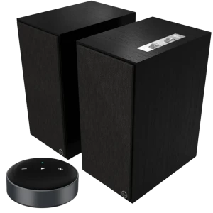 Klipsch The Nines 240 W Bluetooth Noir Mat avec coffrets en bois noir, façade tissu sombre, commandes métal brossé et télécommande ronde à touches