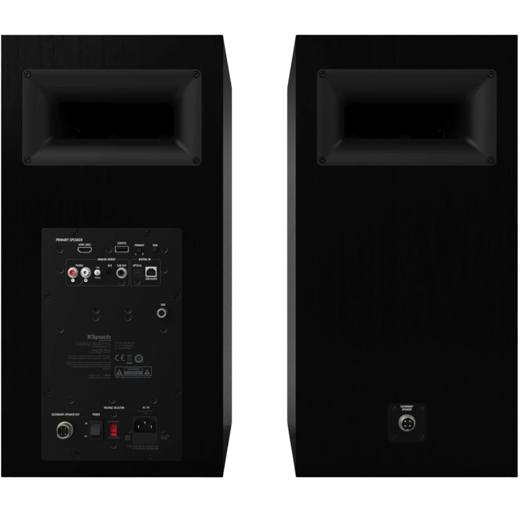 Par de alto-falantes Klipsch The Nines 240 W em preto mate, design retangular com acabamento em madeira, grelhas têxteis e controles metálicos superiores - Item4