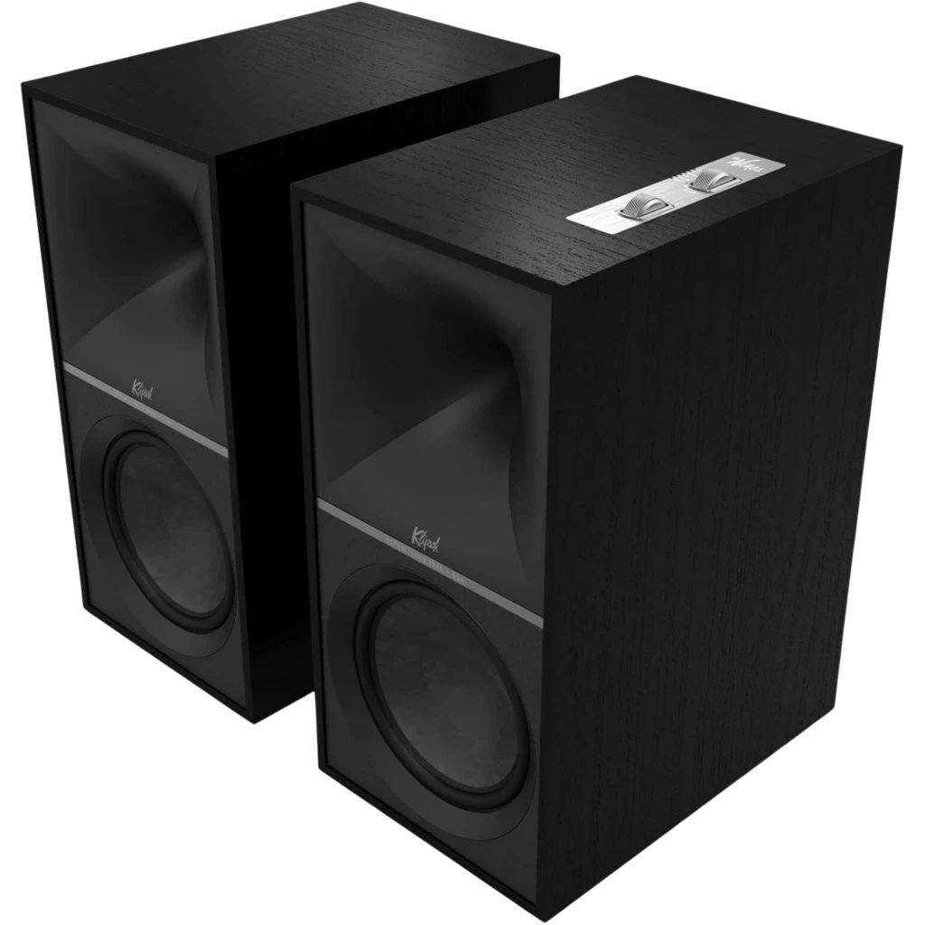 Par de alto-falantes Klipsch The Nines 240 W em preto mate, design retangular com acabamento em madeira, grelhas têxteis e controles metálicos superiores - Item1