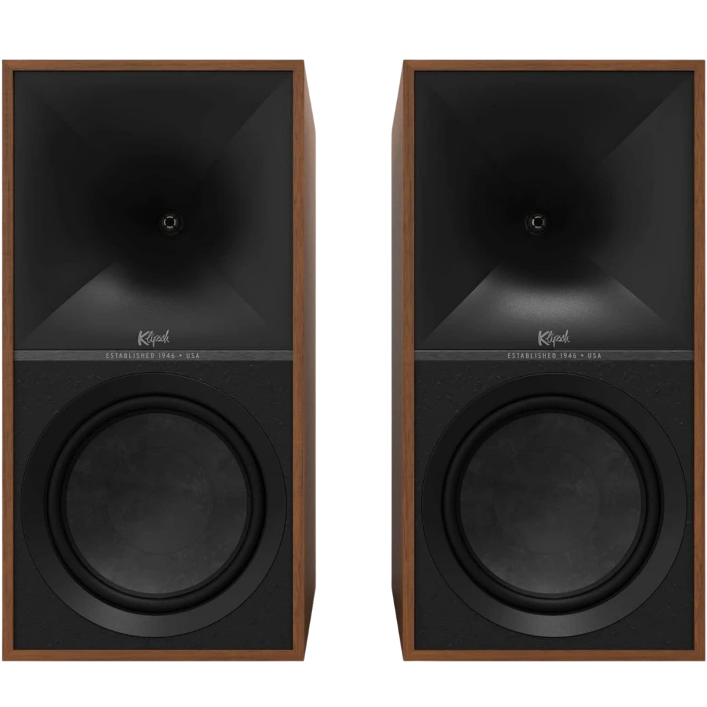 Klipsch The Nines 240 W Bluetooth Walnut: par de caixas em nogueira com grelhas de tecido bege e painel superior com botões metálicos de controle - Item3