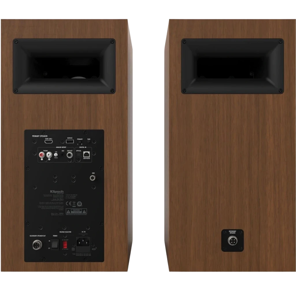 Klipsch The Nines 240 W Bluetooth Walnut: par de caixas em nogueira com grelhas de tecido bege e painel superior com botões metálicos de controle - Item4
