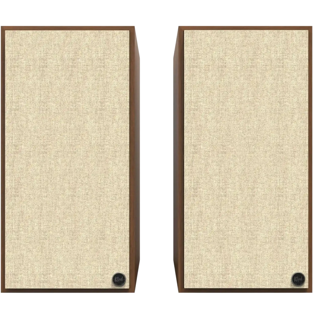 Klipsch The Nines 240 W Bluetooth Walnut: par de caixas em nogueira com grelhas de tecido bege e painel superior com botões metálicos de controle - Item2