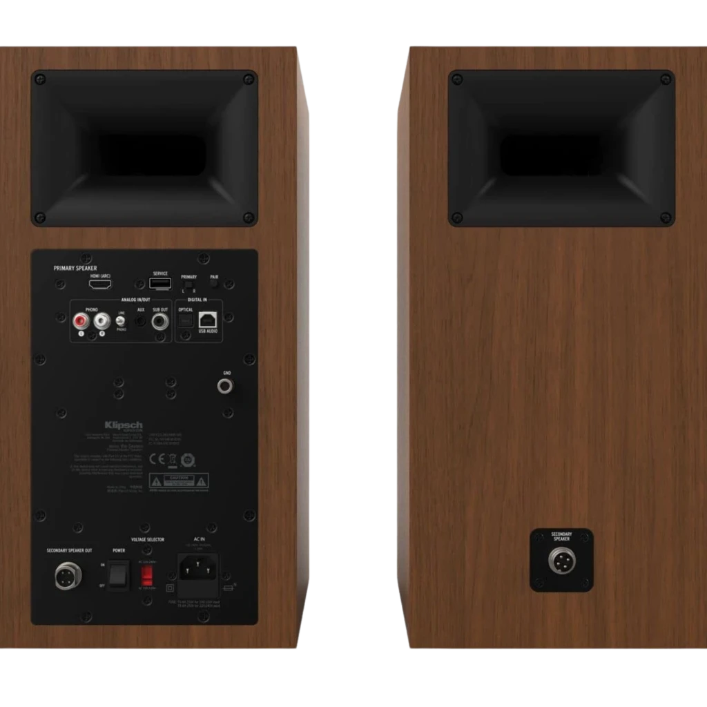 Klipsch The Sevens 200 W Bluetooth Walnut: par de caixas com acabamento em nogueira, grelhas de tecido bege e controles metálicos superiores retro - Item4