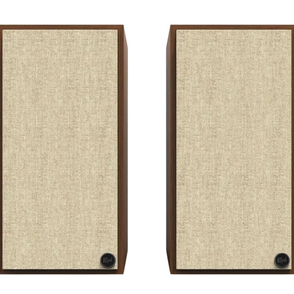 Klipsch The Sevens 200 W Bluetooth Walnut: par de caixas com acabamento em nogueira, grelhas de tecido bege e controles metálicos superiores retro - Item3