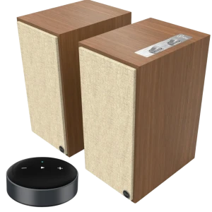 Klipsch The Sevens 200 W Bluetooth en nogal con panel metálico y tela beige, controles superiores y regalo Wiim Mini negro con botones táctiles