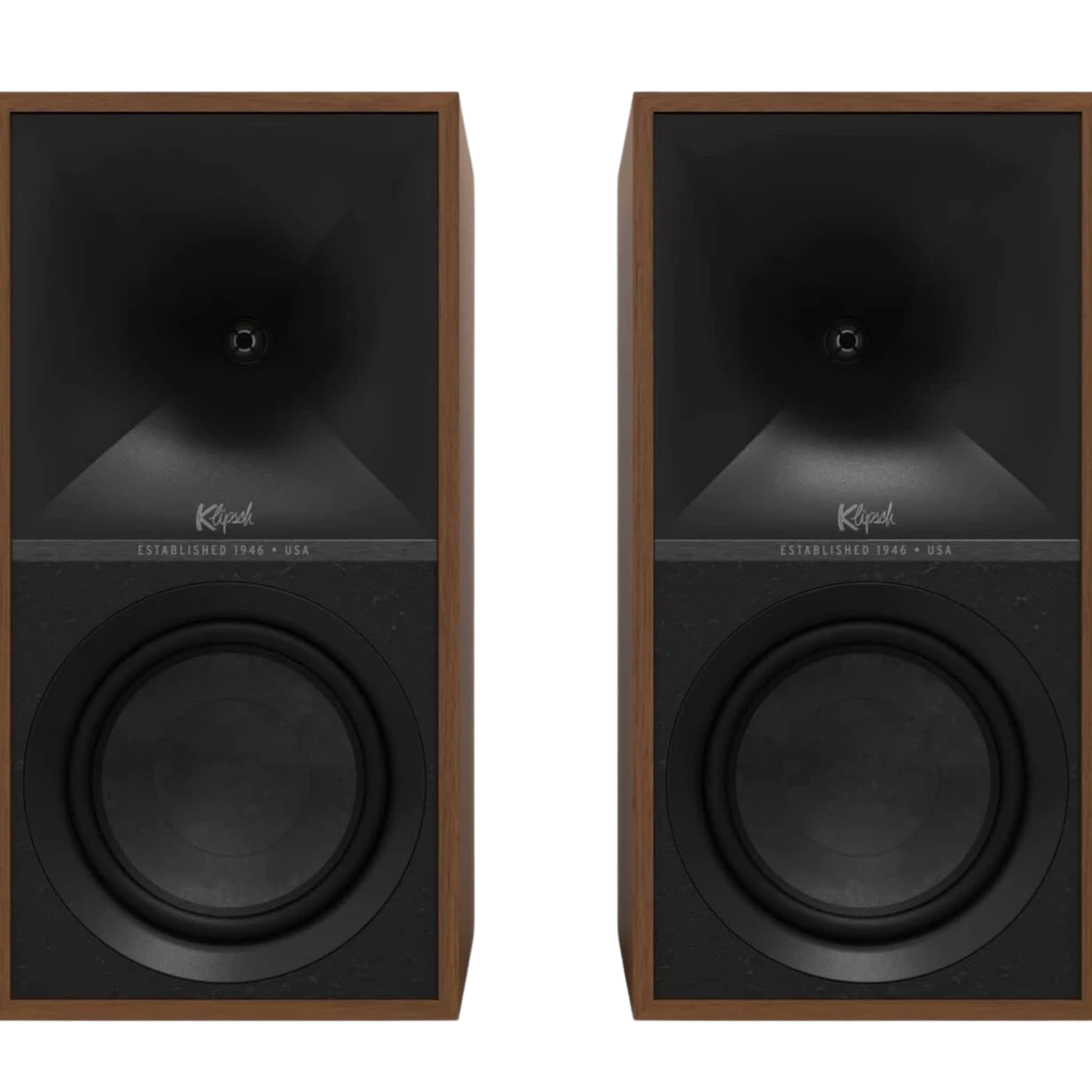 Klipsch The Sevens 200 W Bluetooth Walnut: par de caixas com acabamento em nogueira, grelhas de tecido bege e controles metálicos superiores retro - Item2