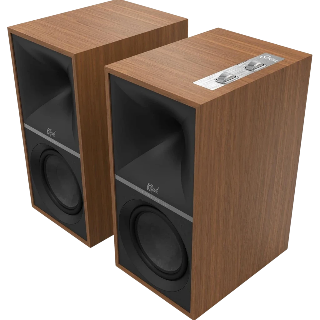 Klipsch The Sevens 200 W Bluetooth Walnut: par de caixas com acabamento em nogueira, grelhas de tecido bege e controles metálicos superiores retro - Item1