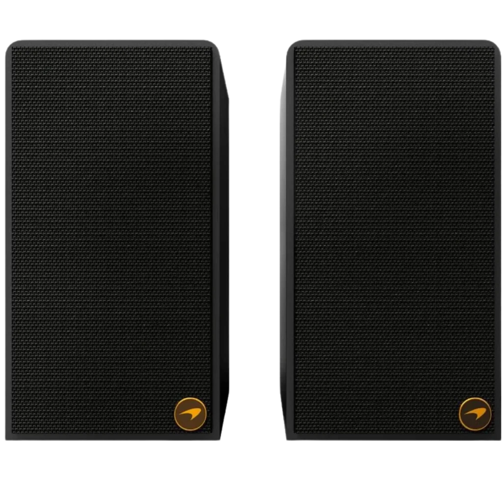 Klipsch The Fives McLaren Edition Bluetooth Preto Mate com dois alto-falantes compactos, detalhes laranja, botões superiores e controle remoto circular - Item1