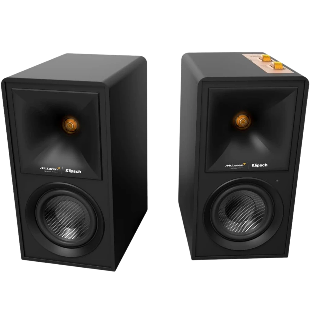 Klipsch The Fives McLaren Edition Bluetooth Preto Mate com dois alto-falantes compactos, detalhes laranja, botões superiores e controle remoto circular - Item3
