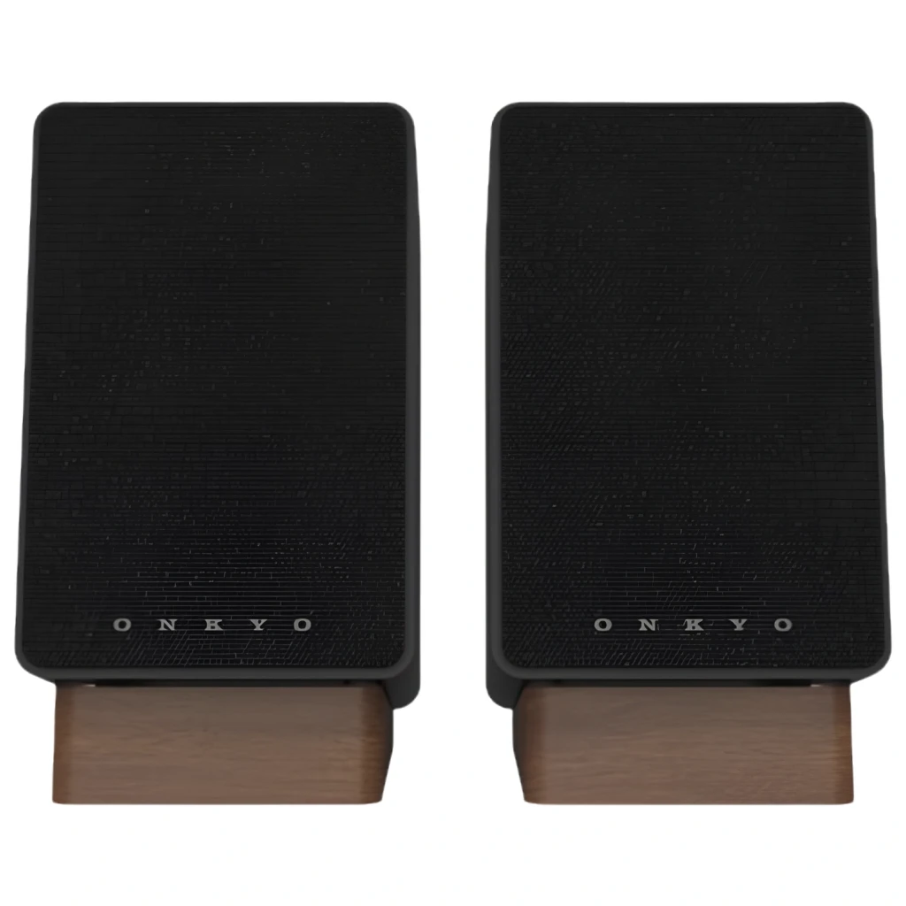 Coluna Onkyo GX-30ARC Creator 2×25 W com Bluetooth, acabamento preto fosco, grelha frontal texturizada e base em madeira, design compacto e elegante - Item1