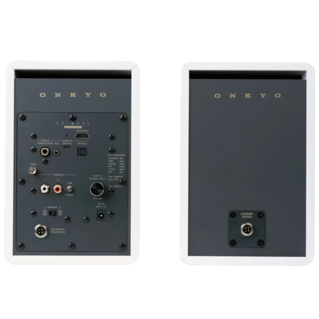 Panel trasero en gris de altavoz Onkyo GX-30ARC Blanco: múltiples entradas RCA, óptica, USB-C, controles de volumen/ganancia y puerto para subwoofer