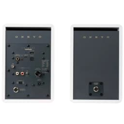 Panel trasero en gris de altavoz Onkyo GX-30ARC Blanco: múltiples entradas RCA, óptica, USB-C, controles de volumen/ganancia y puerto para subwoofer