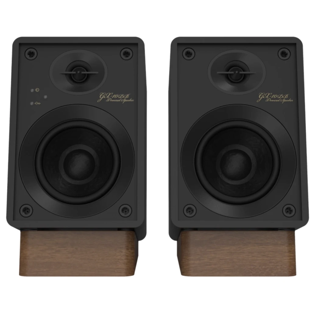 Colunas Onkyo GX-10DB pretas, design minimalista com frentes em tecido e base em madeira, formato retangular compacto, par estéreo elegante - Item1