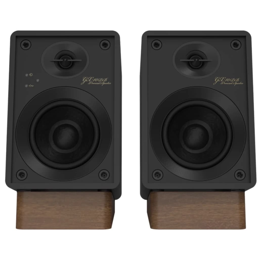Onkyo GX-10DB Creator Speaker 17W x 2 Bluetooth negro con dos altavoces compactos, frontal mate, tweeter y woofer visibles, base de madera estilo vintage