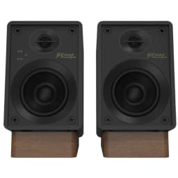 Onkyo GX-10DB Creator Speaker 17W x 2 Bluetooth negro con dos altavoces compactos, frontal mate, tweeter y woofer visibles, base de madera estilo vintage